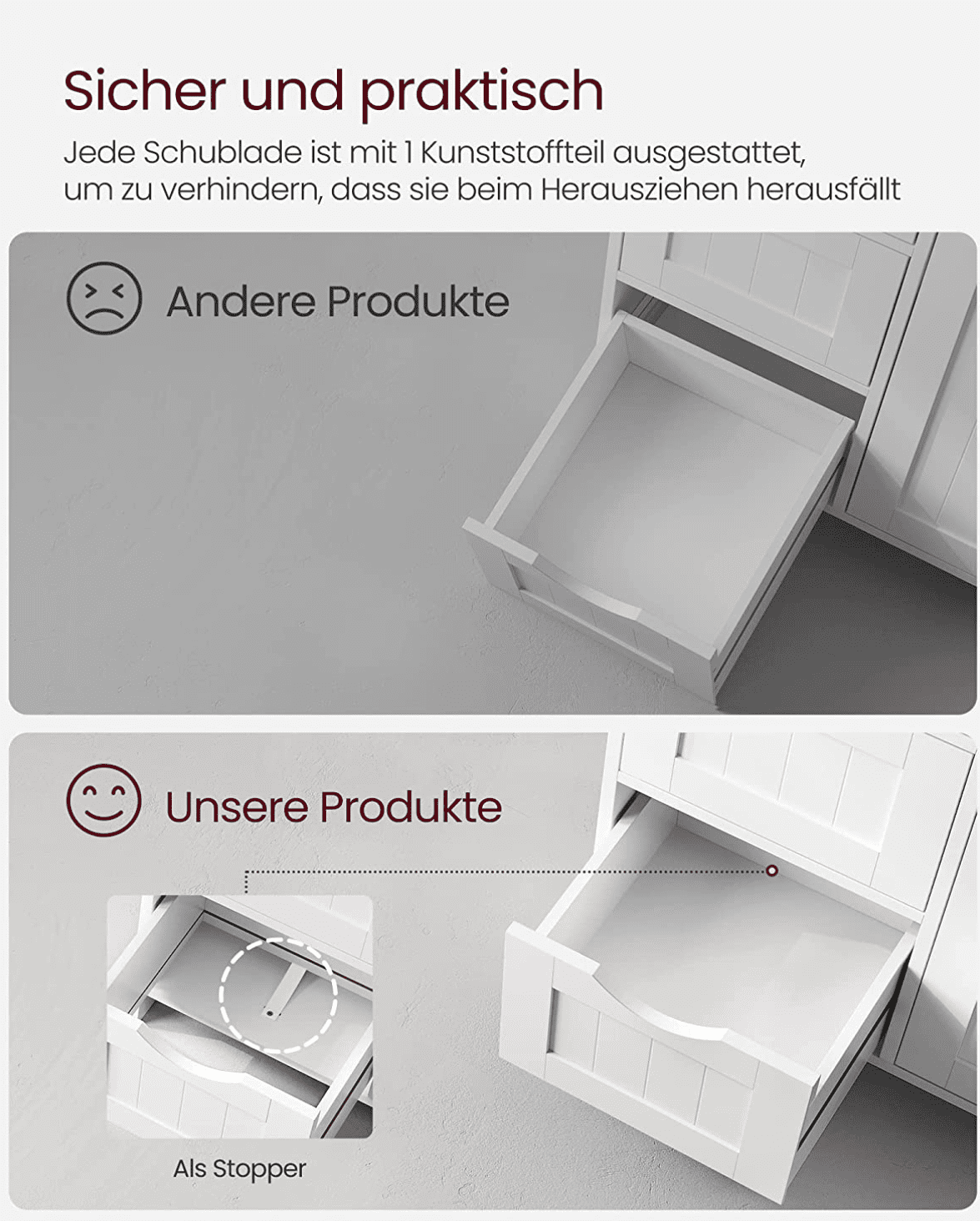 Vasagle Badschrank aus Holz, Badezimmerschrank mit 4 Schubladen und verstellbare Ablage, Weiß