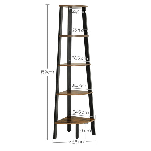 Eckregal, Bücherregal mit 5 Ablagen im Industrie-Design, Leiterregal mit Metallrahmen, Vintage, Vasagle