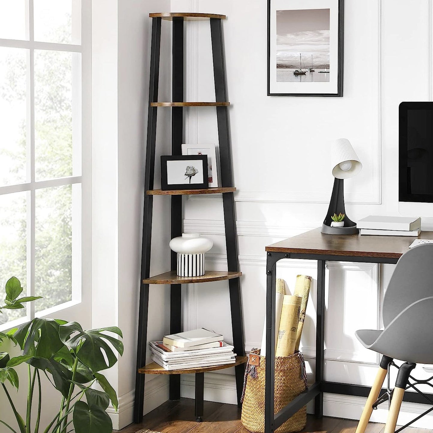 Eckregal, Bücherregal mit 5 Ablagen im Industrie-Design, Leiterregal mit Metallrahmen, Vasagle