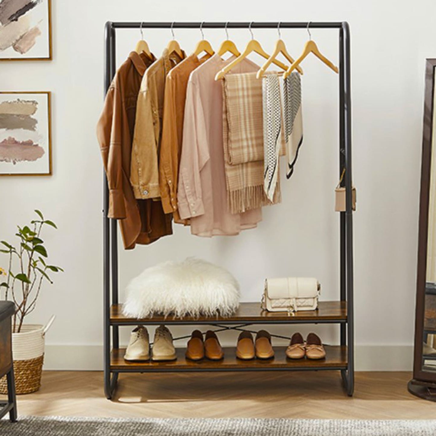 Garderobe, Garderobenstánder, Kleiderst'nder, Anzugstange, robuster Kleiderbügel mit 2 Regalen, Vasagle