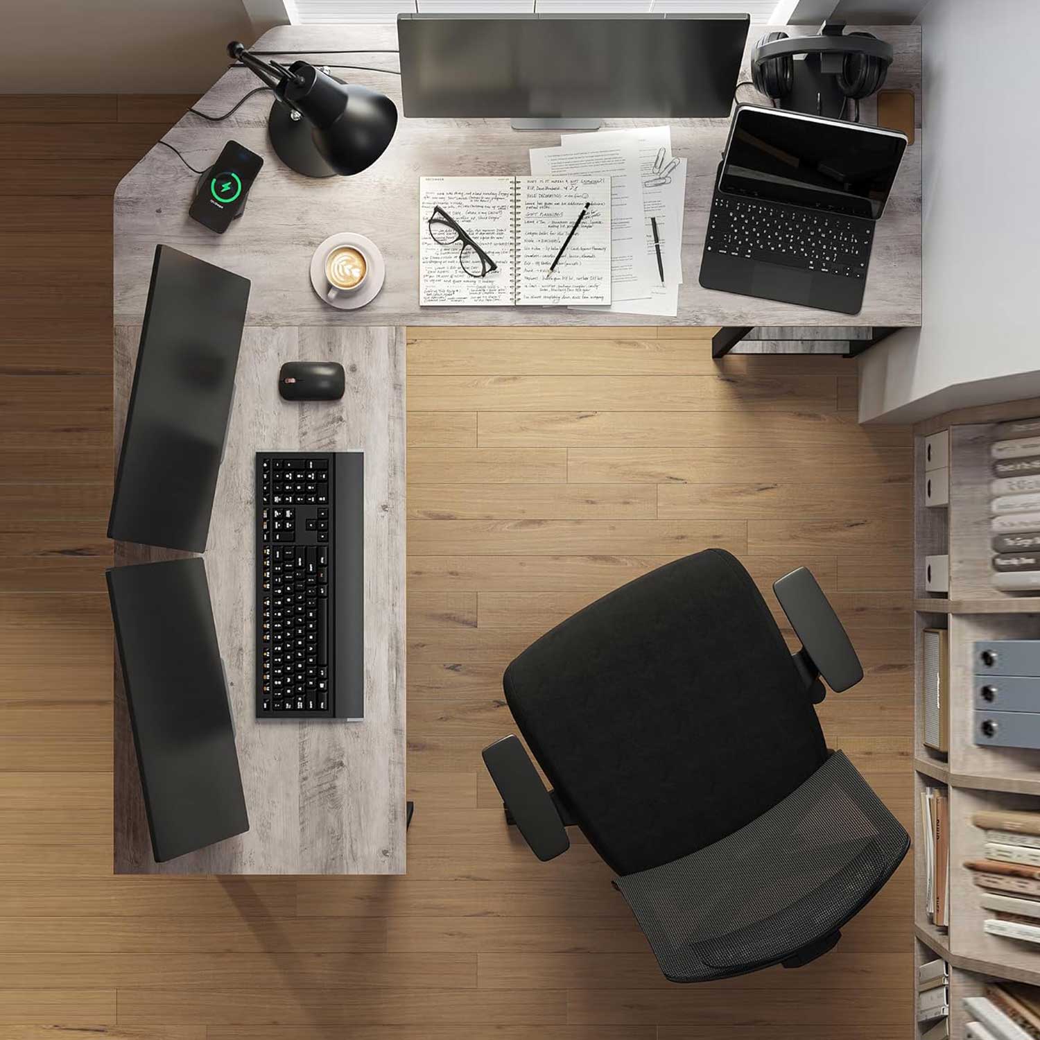 Eckschreibtisch, Computertisch, Schreibtisch L form, Eckschreibtisch mit 2 Ablagen, platzsparender Bürotisch, Gaming,
