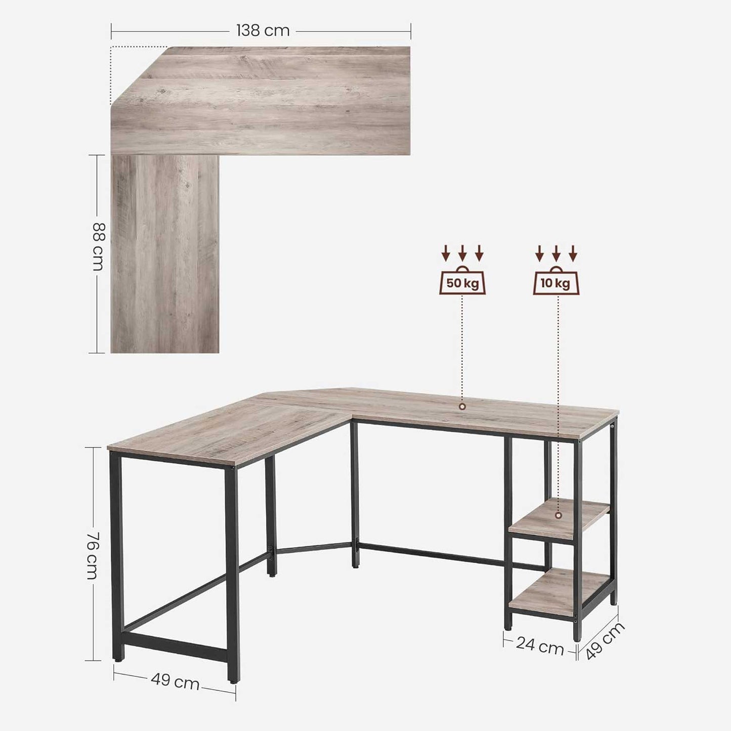 Eckschreibtisch, Computertisch Schreibtisch L form, Eckschreibtisch mit 2 Ablagen, VASAGLE