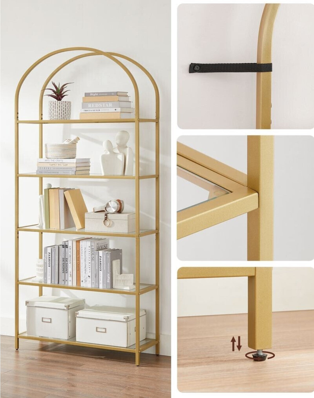 Bücherregal, Bücherregal mit 5 Ebenen, Bücherregal Gold, aus Hartglas, Standregal, Goldfarben, Vasagle, 7
