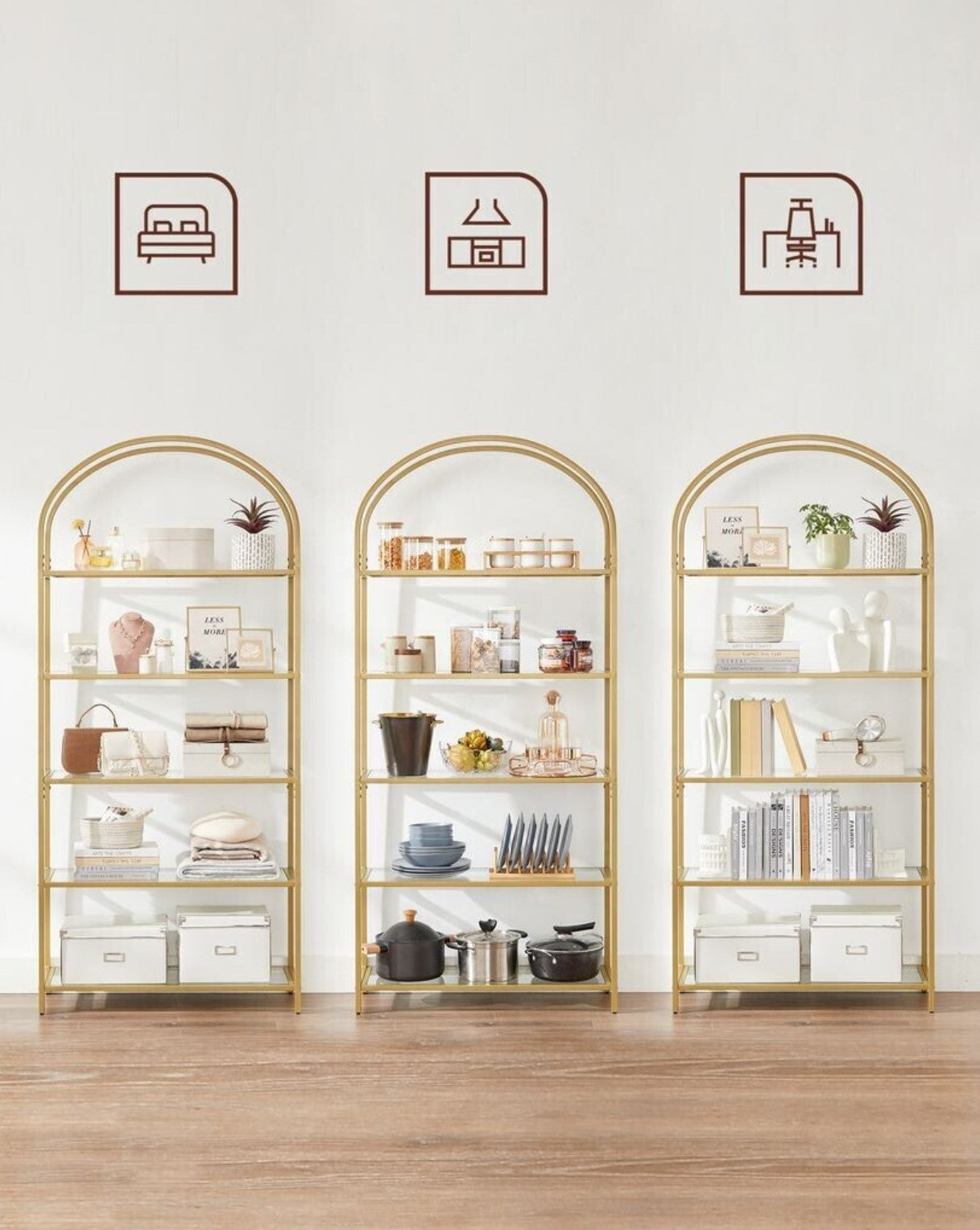 Bücherregal, Bücherregal mit 5 Ebenen, Bücherregal Gold, aus Hartglas, Standregal, Goldfarben, Vasagle, 11