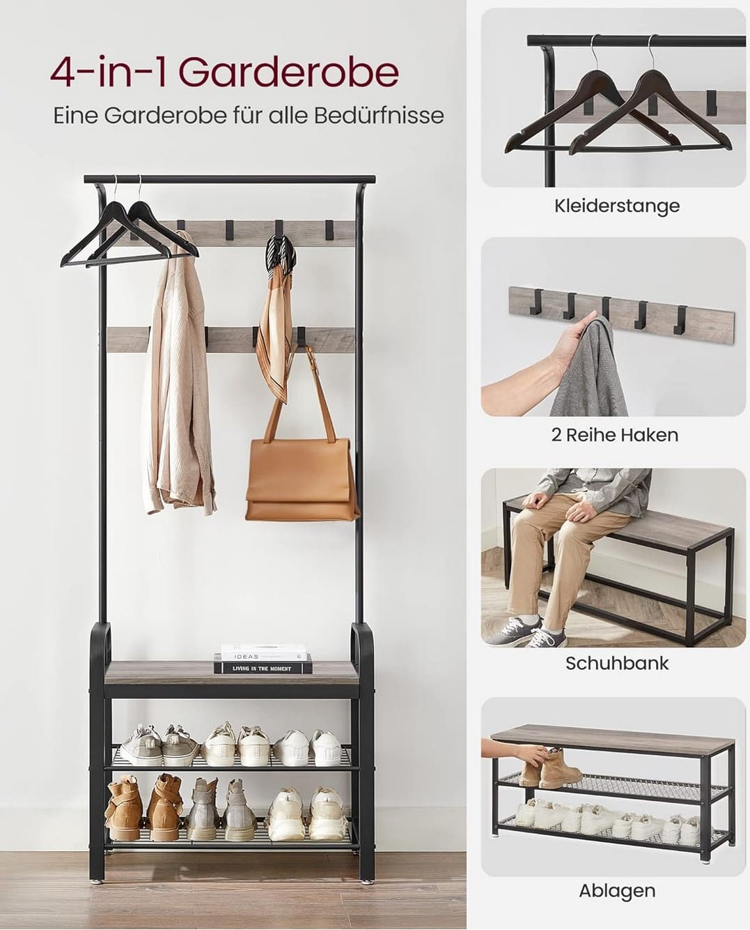 Garderobe, Flurgarderobe, Flurgarderobe mit Sitzbank, Flurgarderobe Schmal,  Schuhregal mit Sitzfläche, 2 Ablagen, Vasagle, 4