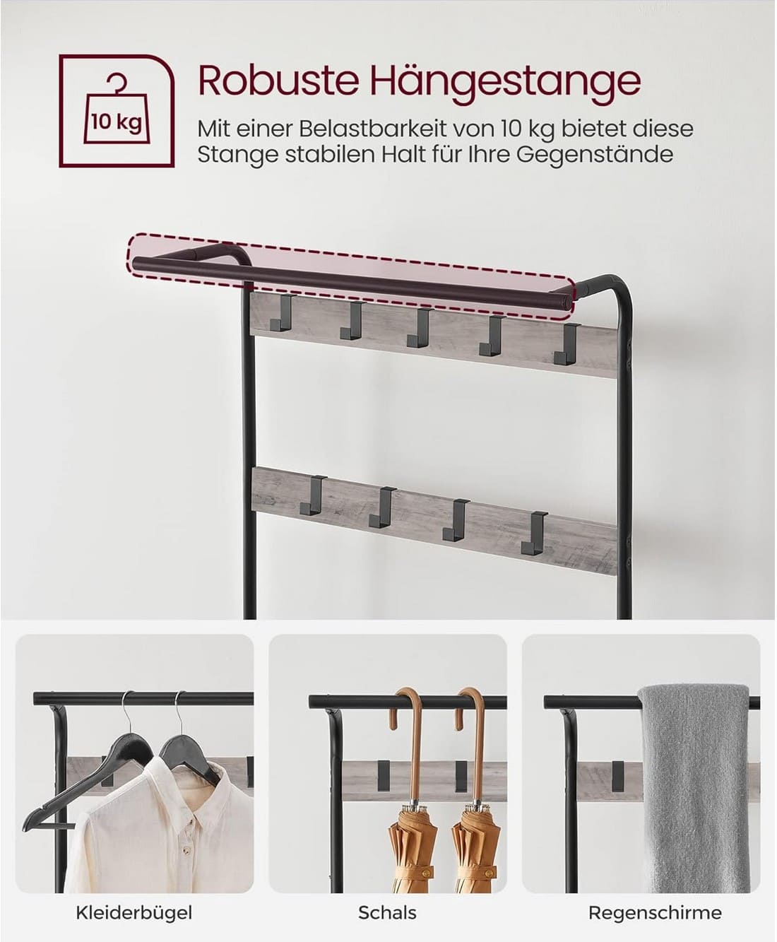 Garderobe, Flurgarderobe, Flurgarderobe mit Sitzbank, Flurgarderobe Schmal,  Schuhregal mit Sitzfläche, 2 Ablagen, Vasagle, 5