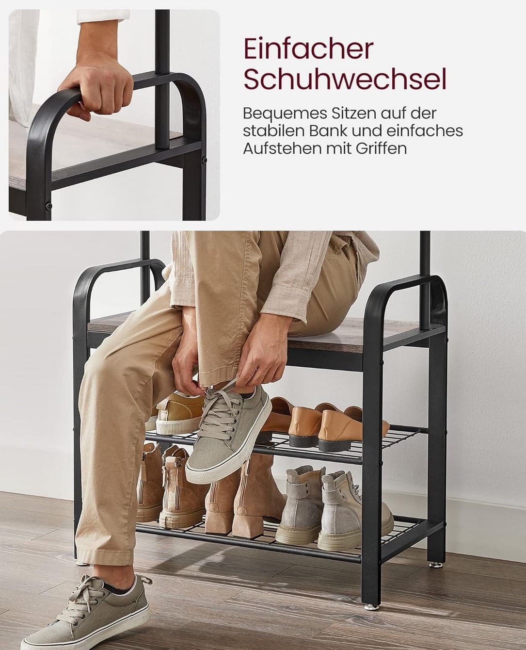 Garderobe, Flurgarderobe, Flurgarderobe mit Sitzbank, Flurgarderobe Schmal,  Schuhregal mit Sitzfläche, 2 Ablagen, Vasagle, 7