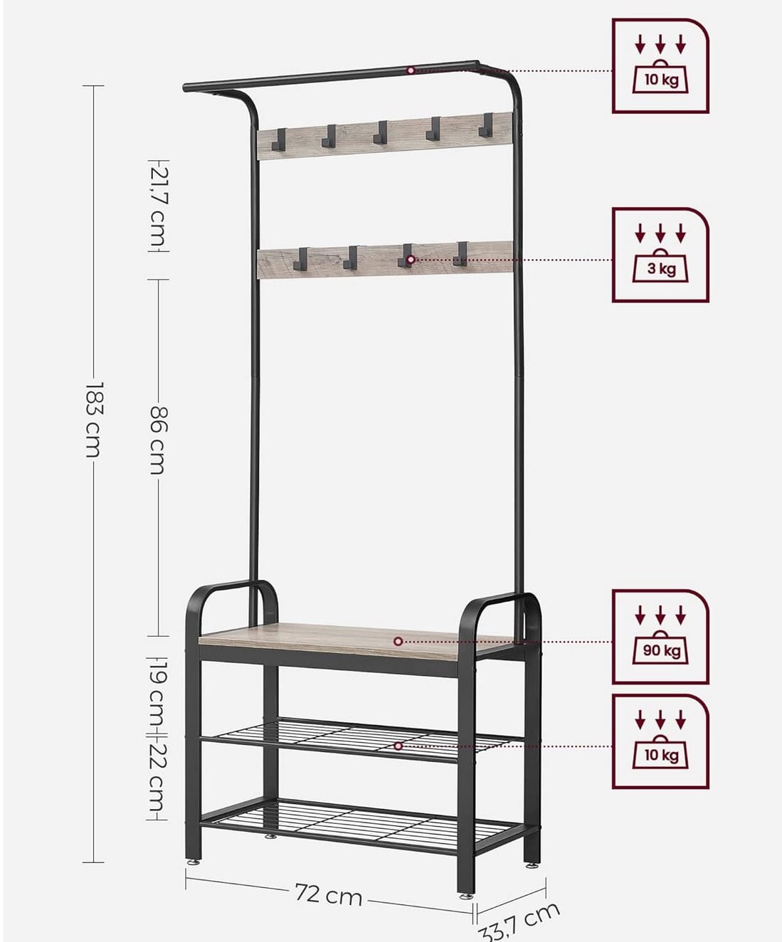 Garderobe, Flurgarderobe, Flurgarderobe mit Sitzbank, Flurgarderobe Schmal,  Schuhregal mit Sitzfläche, 2 Ablagen, Vasagle, 9
