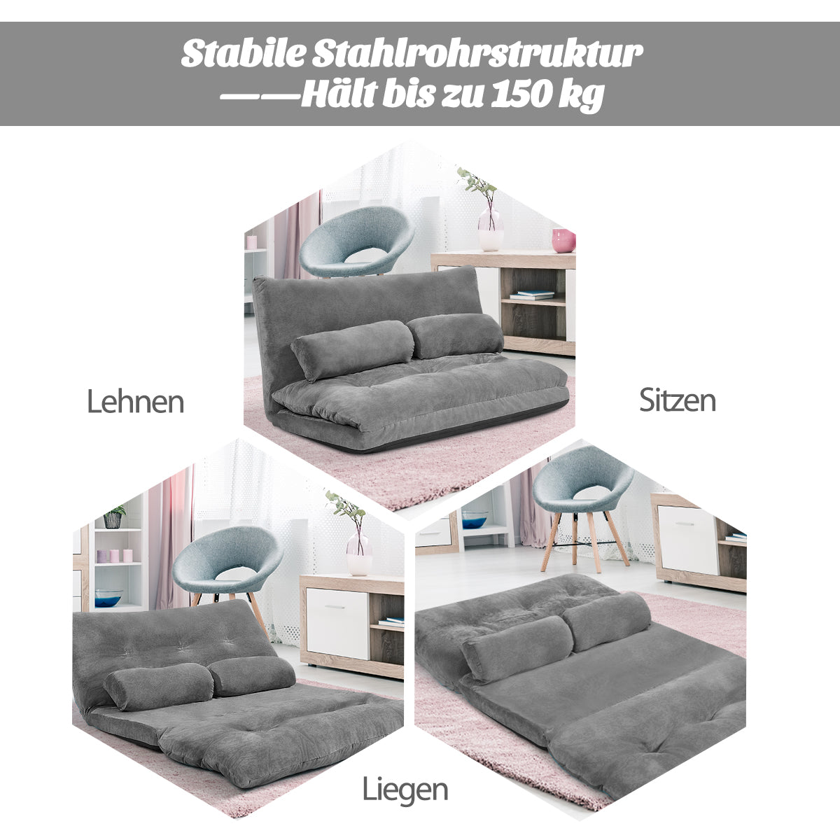Bodensofa, Bodencouch, Bodensessel, Bodensofa Klappbar, Verstellbares Bodensofa Multifunktionales, Grau, Costway, 7
