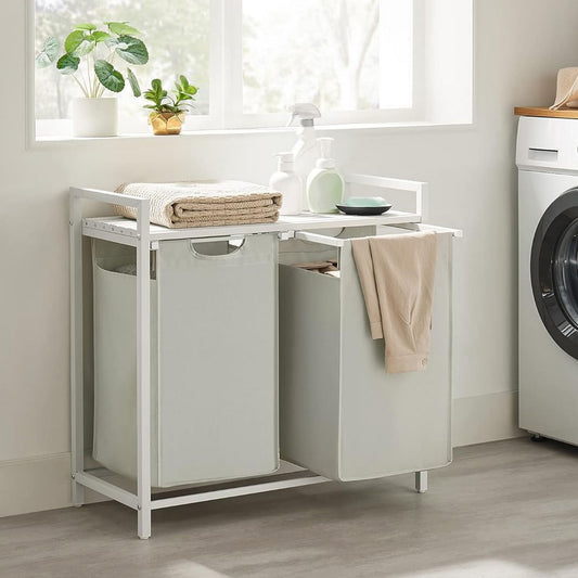 Wäschekorb 2 Fächer, Wäschekorb Regal, Wäschesammler Regal, Wäschesack ausziehbar, VASAGLE