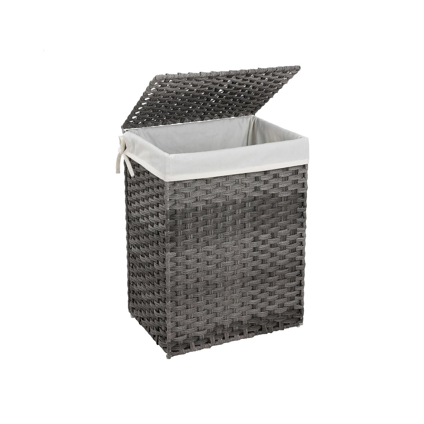 SONGMICS - Wäschekorb handgeflochten, 90 L, Wäschesammler aus Polyrattan, mit Deckel und Griffen, faltbar, Wäschesack herausnehmbar, Grau