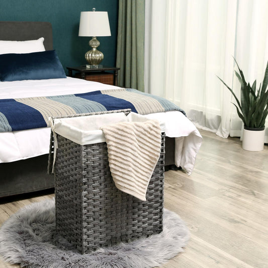 SONGMICS - Wäschekorb handgeflochten, 90 L, Wäschesammler aus Polyrattan, mit Deckel und Griffen, faltbar, Wäschesack herausnehmbar, Grau