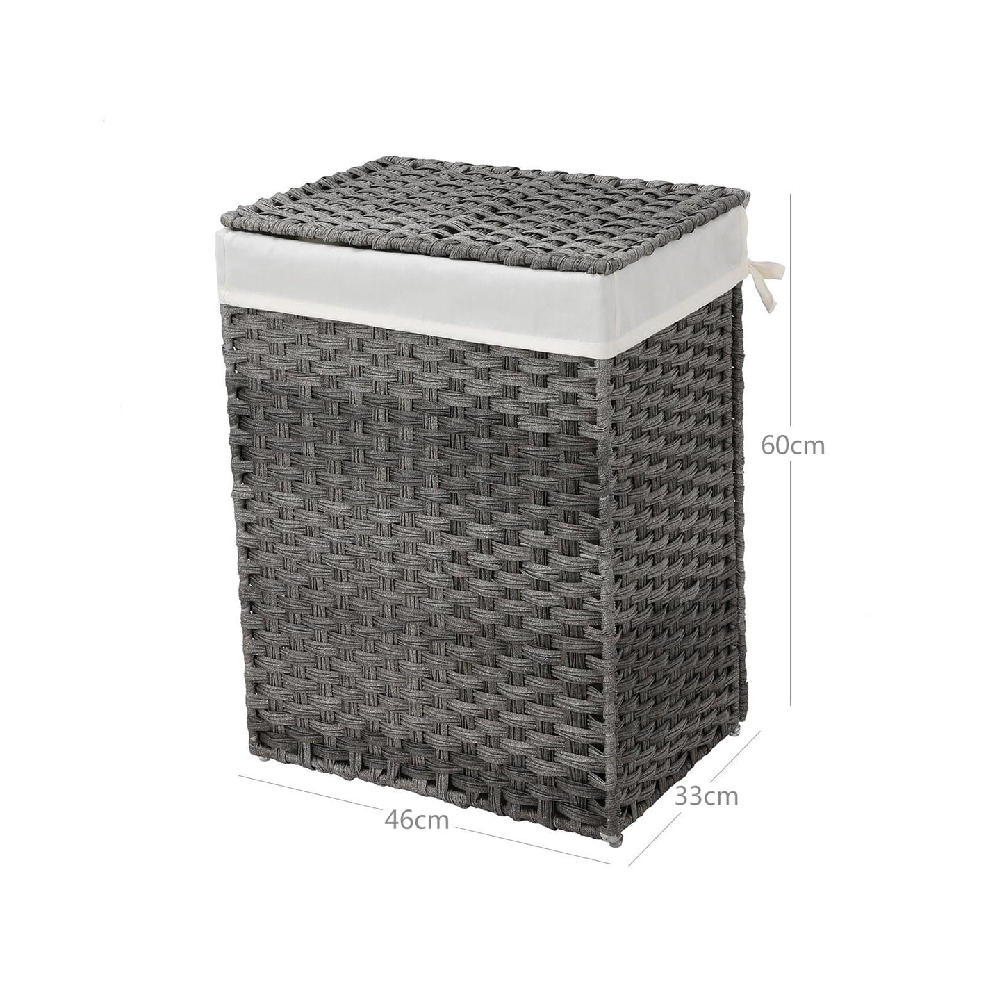 SONGMICS - Wäschekorb handgeflochten, 90 L, Wäschesammler aus Polyrattan, mit Deckel und Griffen, faltbar, Wäschesack herausnehmbar, Grau