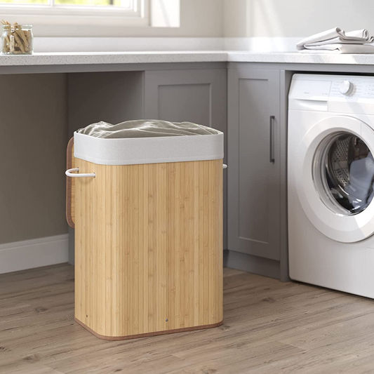 Songmics - Wäschekorb, 72L, Wäschebox mit Deckel, Faltbar Wäschesammler aus Bambus mit Griffen, Wäschesack Baumwolle