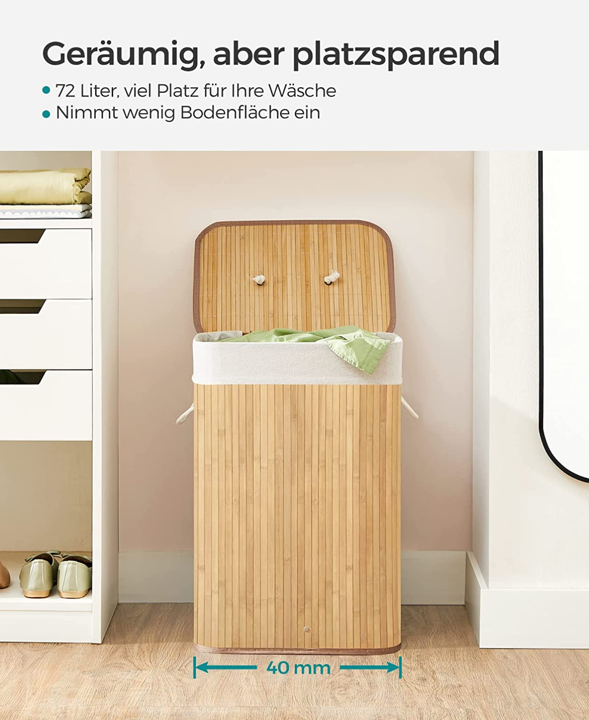 Songmics - Wäschekorb, 72L, Wäschebox mit Deckel, Faltbar Wäschesammler aus Bambus mit Griffen, Wäschesack Baumwolle in der Maschine waschbar