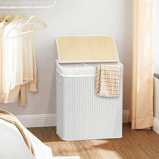 Wäschekorb, Wäschekorb aus Bambus, Wäschesammler, mit 2 Fächern, 100 L Wäschebox, Wäschesortierer, SONGMICS