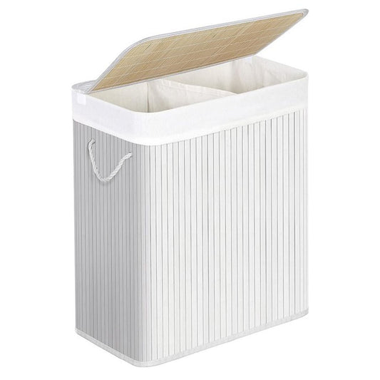 Wäschekorb, Wäschekorb aus Bambus, Wäschesammler, mit 2 Fächern, 100 L Wäschebox, Wäschesortierer mit Deckel, SONGMICS