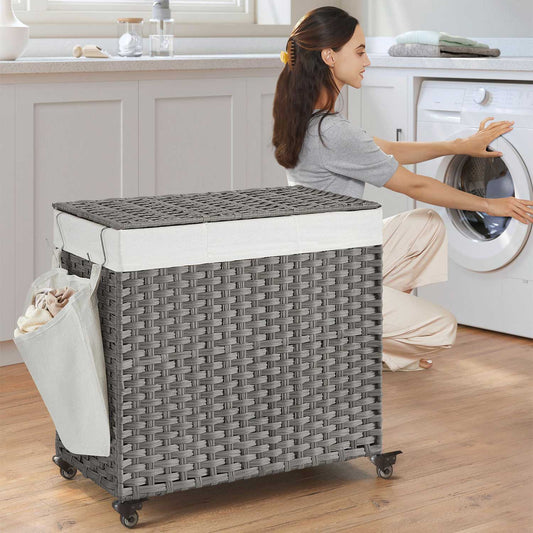 Wäschekorb Rattan, 130 L, Wäschekorb 3 Fächer, Wäschekorb mit Rollen, Wäschekorb mit Deckel, grau, SONGMICS