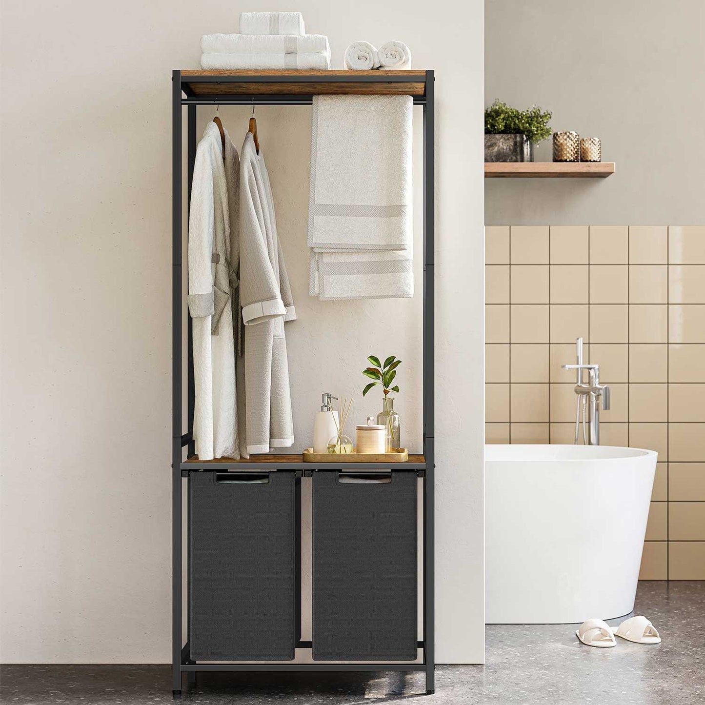 Wäschekorb Regal, 2 x 46 L, Wäschesammler Schrank, 2 Fächer, Wäschekorb mit Garderobenständer, schwarz, VASAGLE