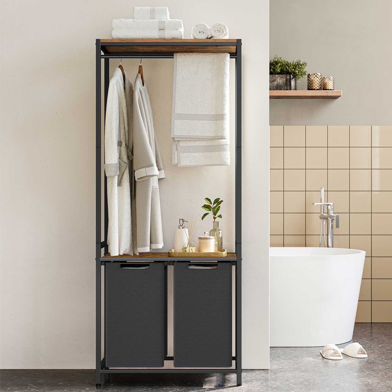 Wäschekorb Regal, 2 x 46 L, Wäschesammler Schrank, 2 Fächer, Wäschekorb mit Garderobenständer, schwarz, VASAGLE