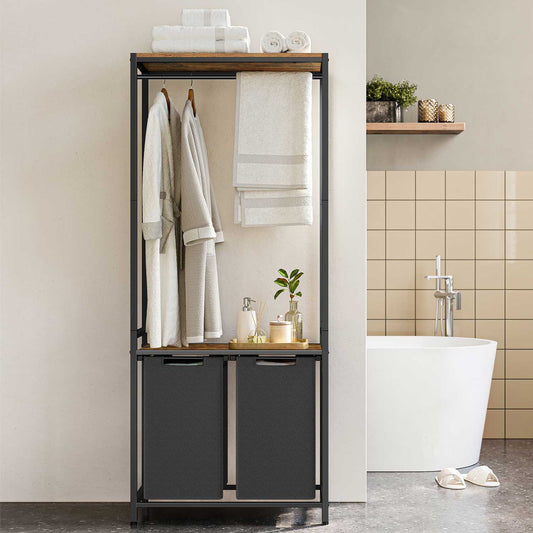 Wäschekorb Regal, 2 x 46 L, Wäschesammler Schrank, 2 Fächer, Wäschekorb mit Garderobenständer, schwarz, VASAGLE