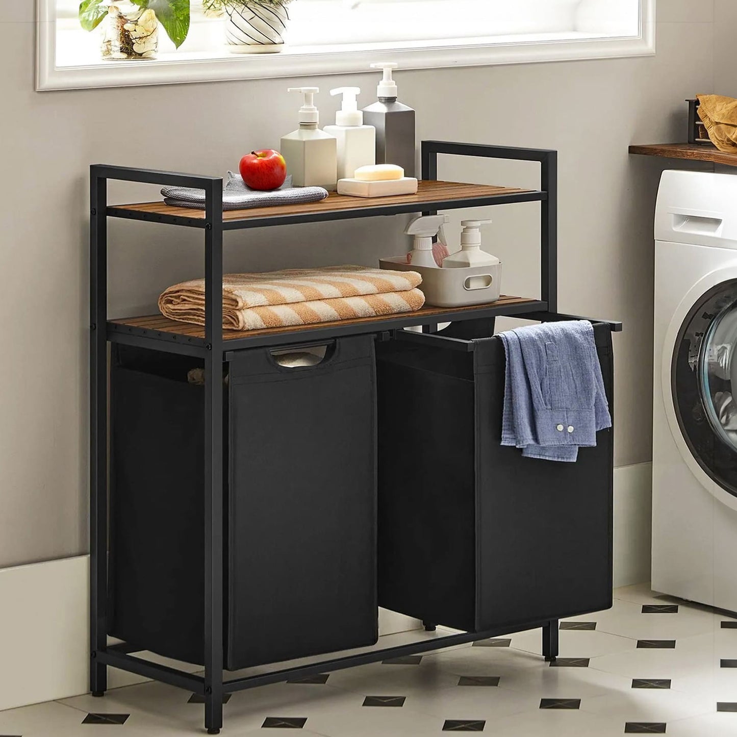 Wäschekorb, Wäschekorb mit Ablage, Regal mit Wäschesammler, Badschrank mit Wäschekorb, Wäschesammler mit Ablage, VASAGLE