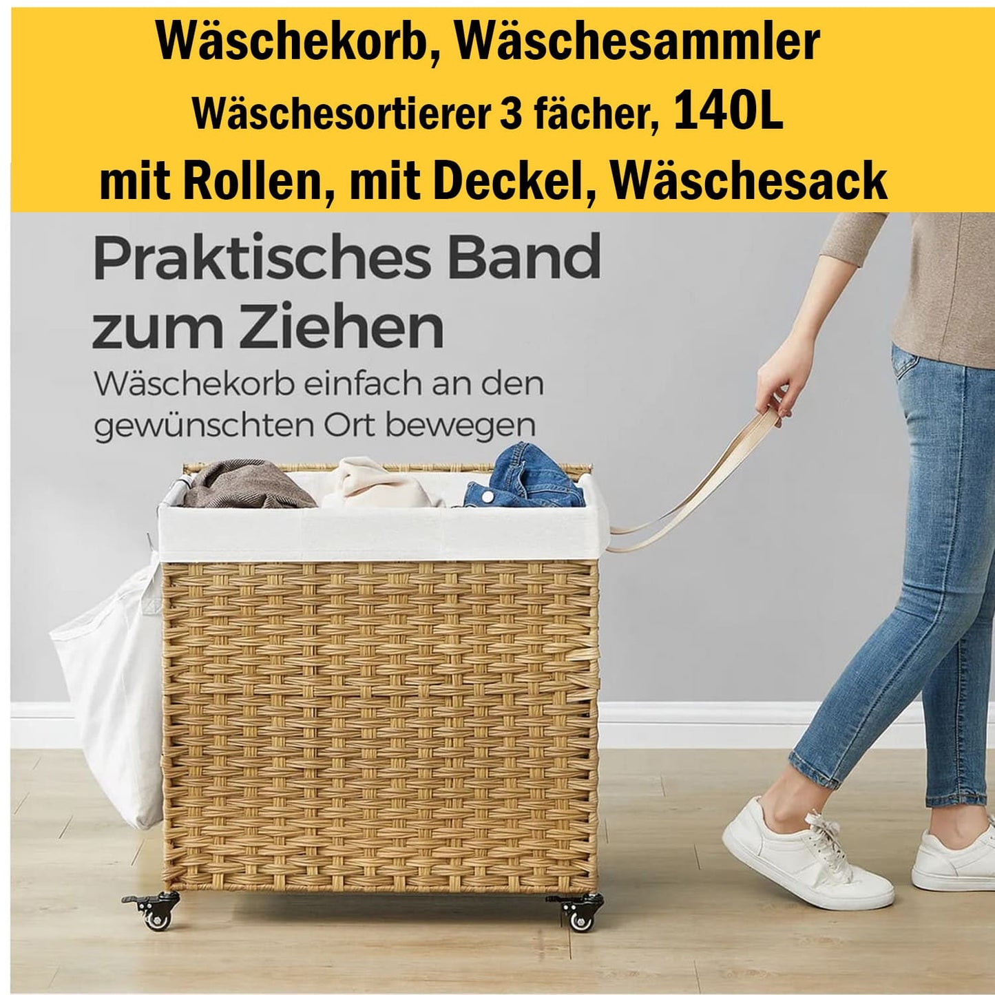 Wäschekorb, Wäschesammler, Wäschesammler 3 Fächer, Wäschekorb geflochten, Wäschekorb mit Rollen, Wäschesack, Songmics, 1