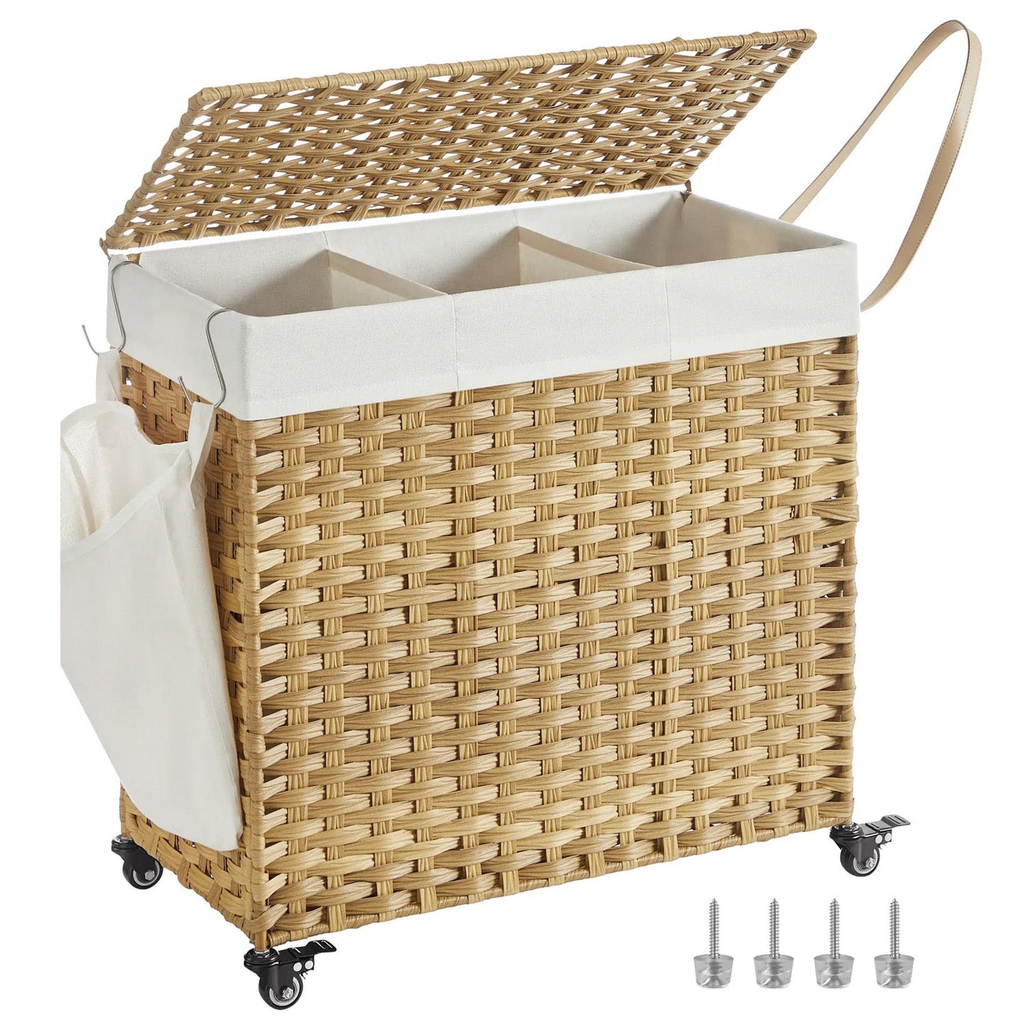 Wäschekorb, Wäschesammler, Wäschesammler 3 Fächer, Wäschekorb geflochten, Wäschekorb mit Rollen, Wäschesack, Songmics, 0