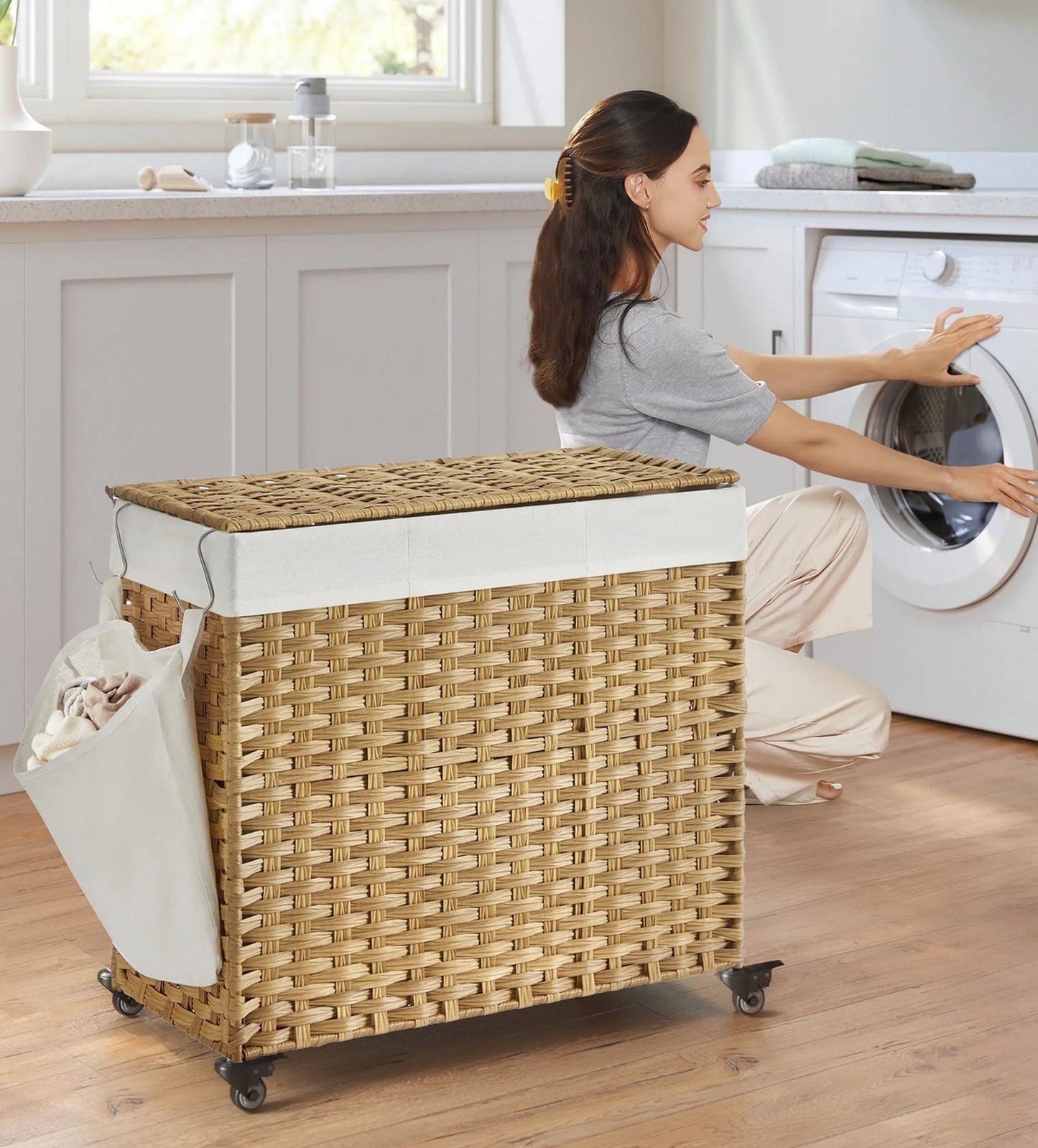 Wäschekorb, Wäschesammler, Wäschesammler 3 Fächer, Wäschekorb geflochten, Wäschekorb mit Rollen, Wäschesack, Songmics, 9