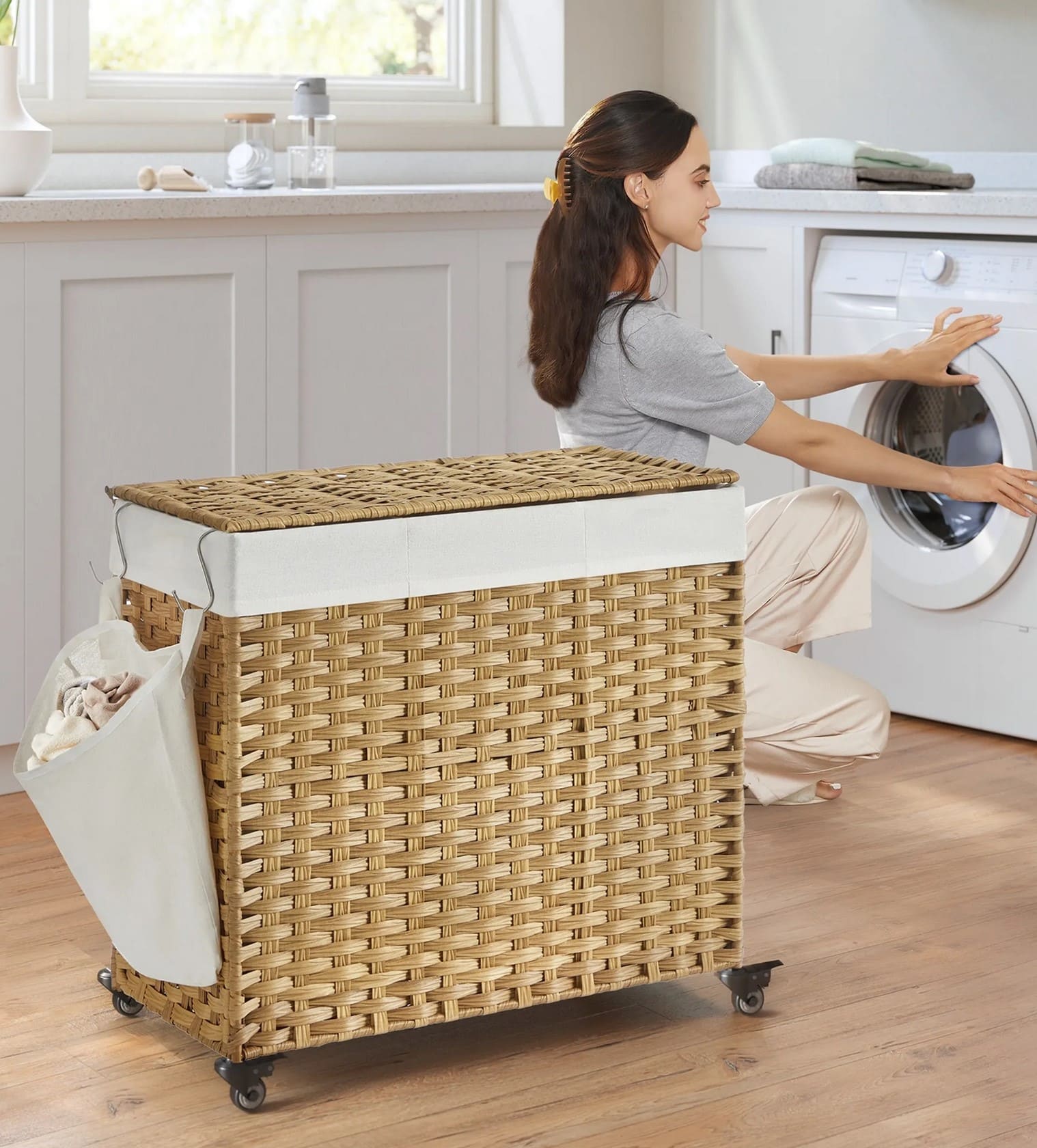 Wäschekorb, Wäschesammler, Wäschesammler 3 Fächer, Wäschekorb geflochten, Wäschekorb mit Rollen, Wäschesack, Songmics, 9