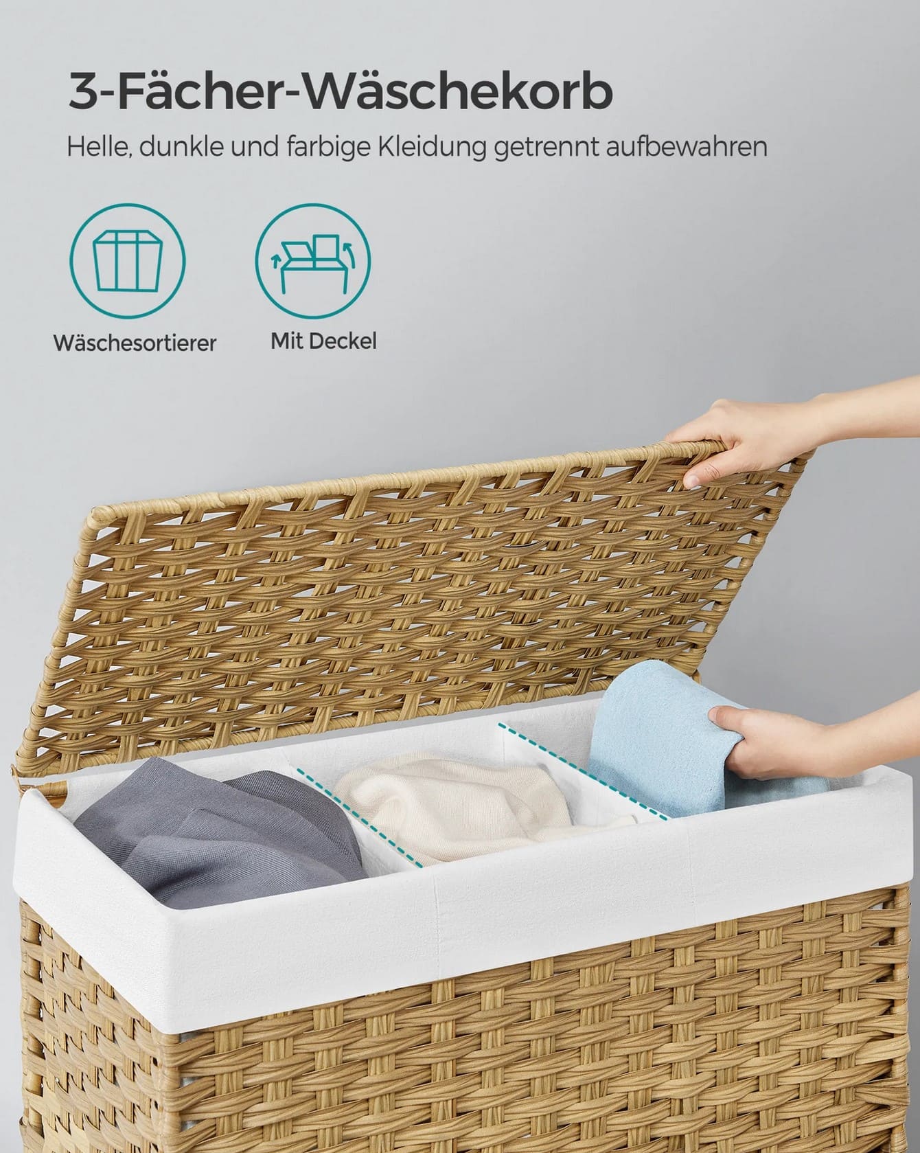 Wäschekorb, Wäschesammler, Wäschesammler 3 Fächer, Wäschekorb geflochten, Wäschekorb mit Rollen, Wäschesack, Songmics, 4