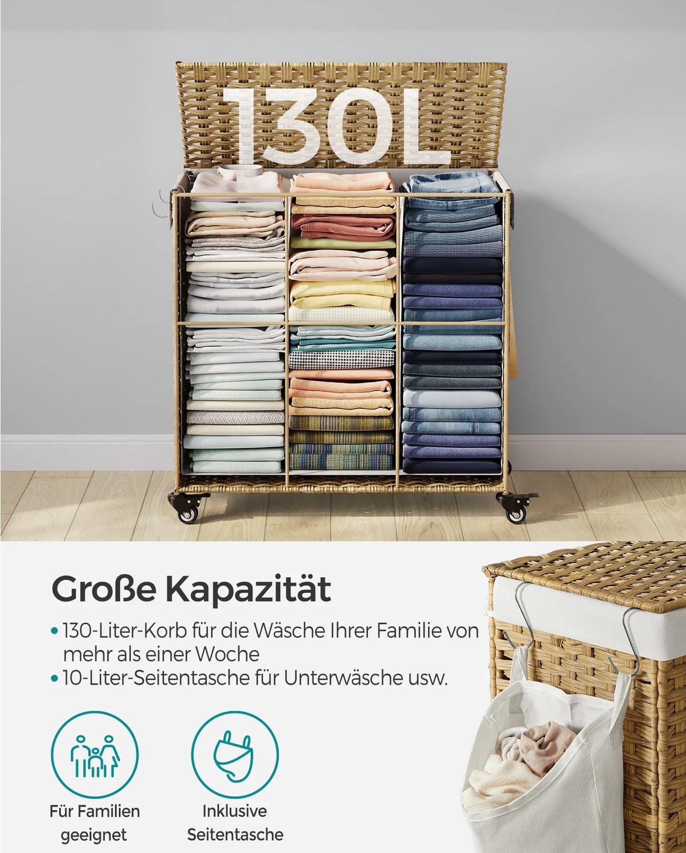 Wäschekorb, Wäschesammler, Wäschesammler 3 Fächer, Wäschekorb geflochten, Wäschekorb mit Rollen, Wäschesack, Songmics, 5