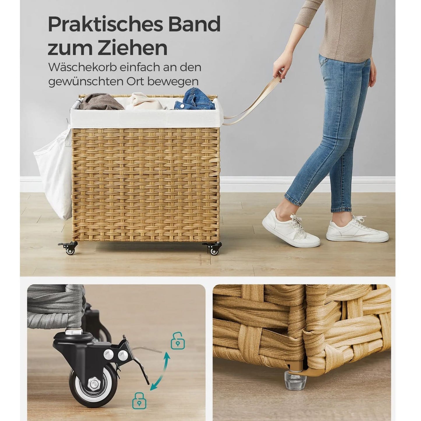 Wäschekorb, Wäschesammler, Wäschesammler 3 Fächer, Wäschekorb geflochten, Wäschekorb mit Rollen, Wäschesack, Songmics, 2