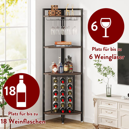 Weinregal, Flaschenregal, hält bis zu 18 Wineflaschen und 6 Wineglässer, 3 Ablagen, Eckweinregal, Tribesigns