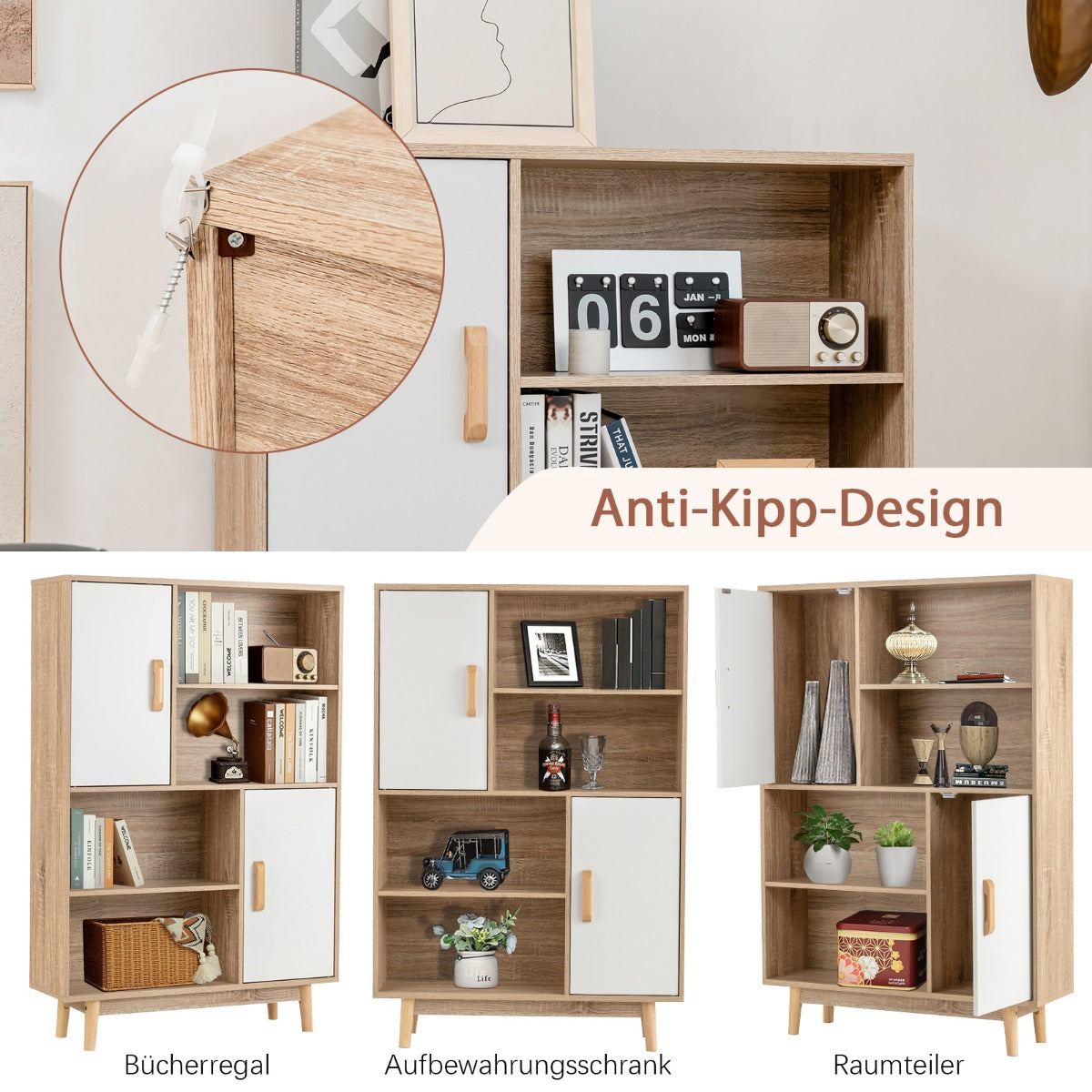 Costway - Bücherregal, Bücherregal 4-stöckiges, Bücherregal mit 2 Türen 4 offene Regale, 80 x 24 x 120 cm, Weiß,3