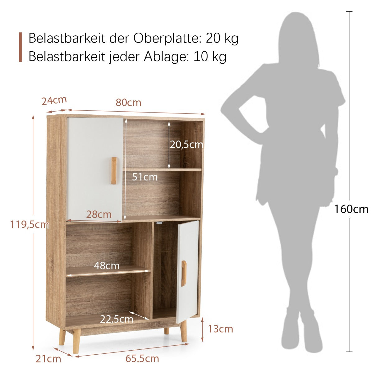 Costway - Bücherregal, Bücherregal 4-stöckiges, Bücherregal mit 2 Türen 4 offene Regale, 80 x 24 x 120 cm, Weiß, 6