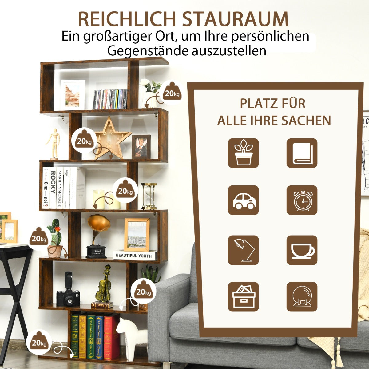 Bücherregal, Bücherregal 6 Ebenen, Standregal S-Form, Aufbewahrungsregal, Holz, Farbwahl-Braun, Costway, 3