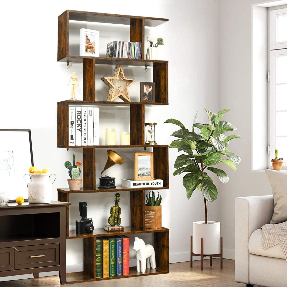 Bücherregal, Bücherregal 6 Ebenen, Standregal S-Form, Aufbewahrungsregal, Holz, Farbwahl-Braun, Costway