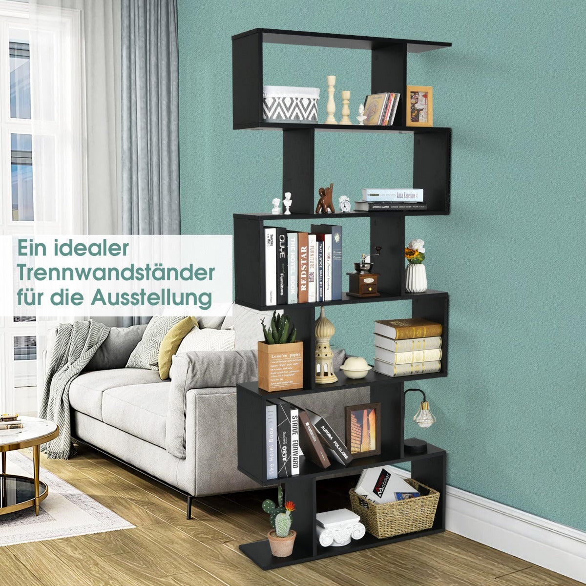 Bücherregal, Bücherregal mit 6 Ebenen, Standregal S-Form, Aufbewahrungsregal, Holz, Farbwahl-Schwarz, Costway, 7