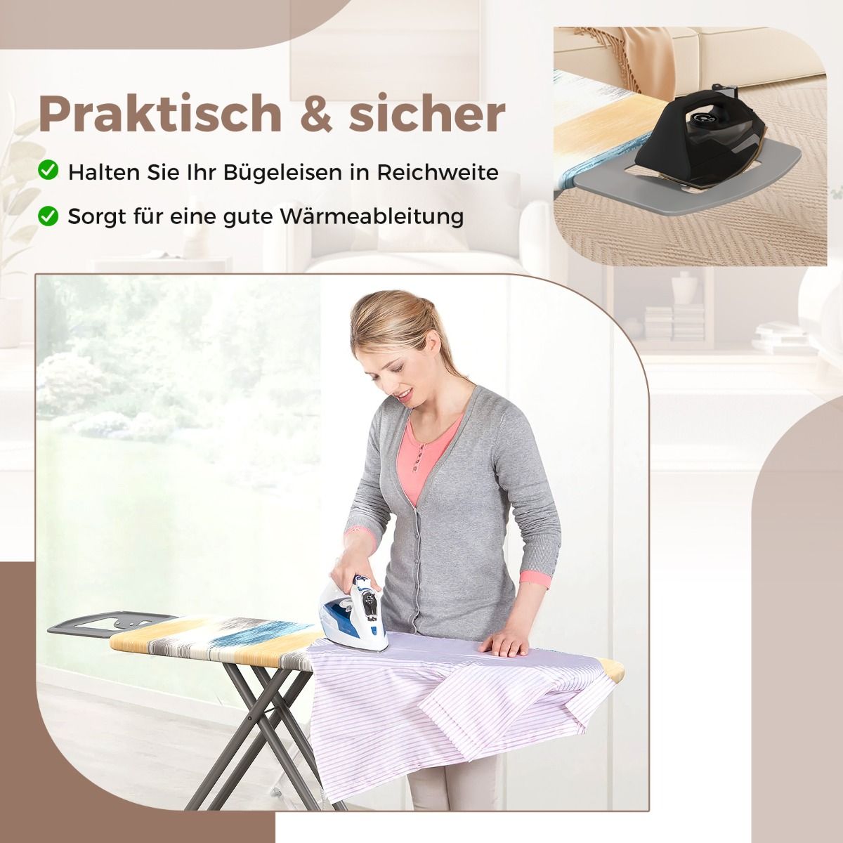 Bügelbrett, mit Eisenablage & 7 Verstellbarer Höhe, bügelbrett klappbar, Bügeltisch, mit Bügelbrettbezug, Blau, gelb, Costway, 6