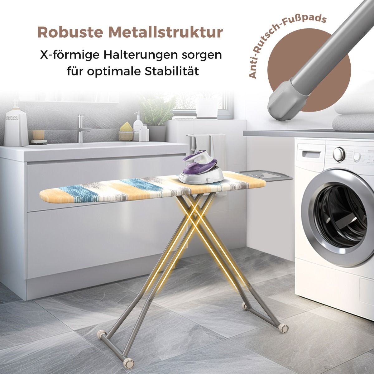Bügelbrett, mit Eisenablage & 7 Verstellbarer Höhe, bügelbrett klappbar, Bügeltisch, mit Bügelbrettbezug, Blau, gelb, Costway, 7