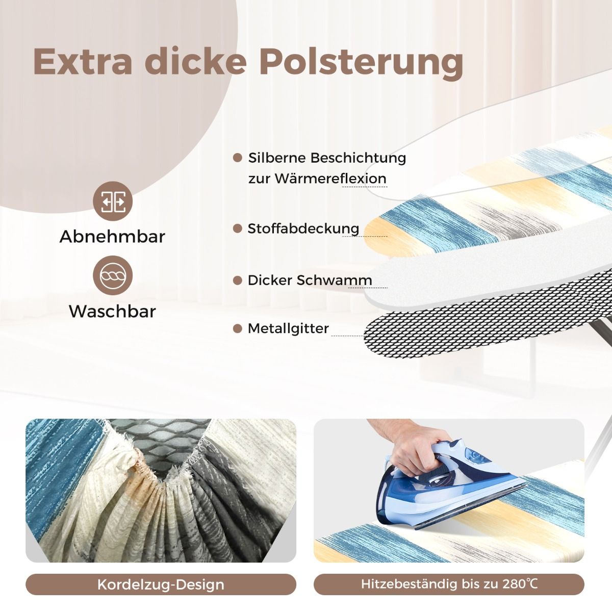 Bügelbrett, mit Eisenablage & 7 Verstellbarer Höhe, bügelbrett klappbar, Bügeltisch, mit Bügelbrettbezug, Blau, gelb, Costway, 8