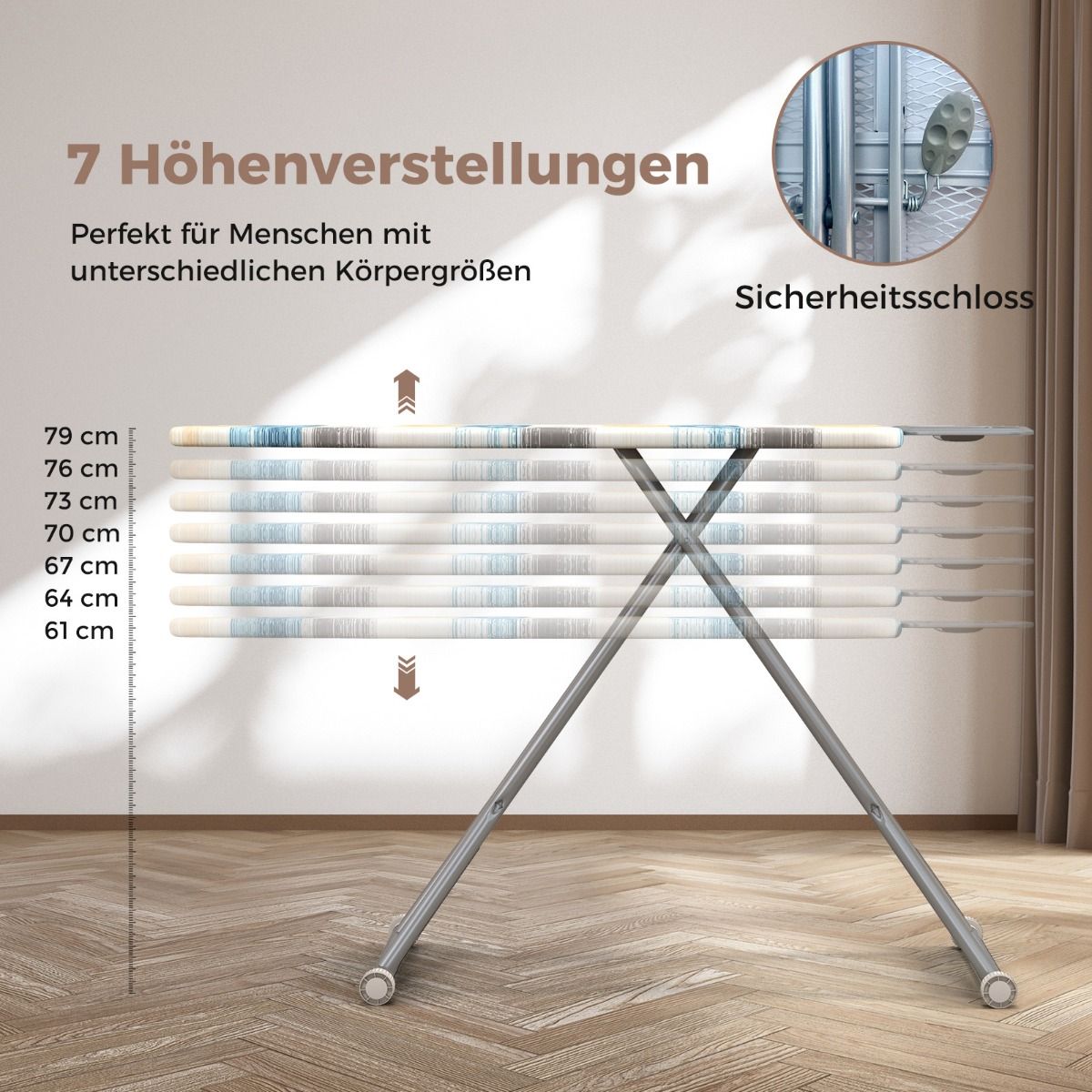 Bügelbrett, mit Eisenablage & 7 Verstellbarer Höhe, bügelbrett klappbar, Bügeltisch, mit Bügelbrettbezug, Blau, gelb, Costway, 4