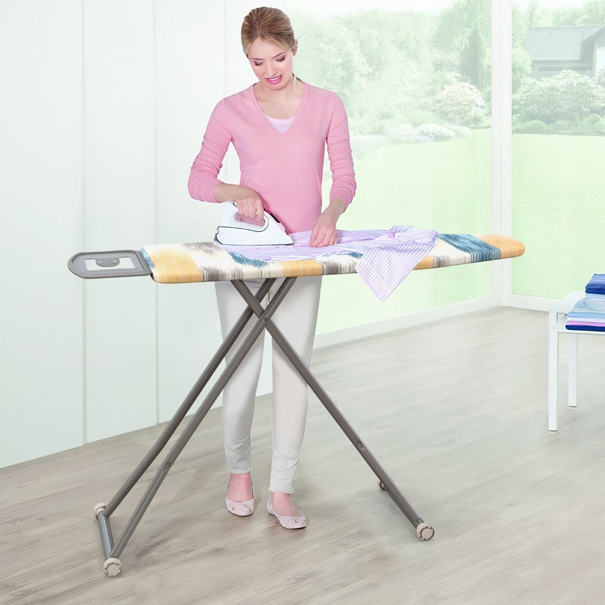 Bügelbrett, mit Eisenablage & 7 Verstellbarer Höhe, bügelbrett klappbar, Bügeltisch, mit Bügelbrettbezug, Blau, gelb, Costway, 9