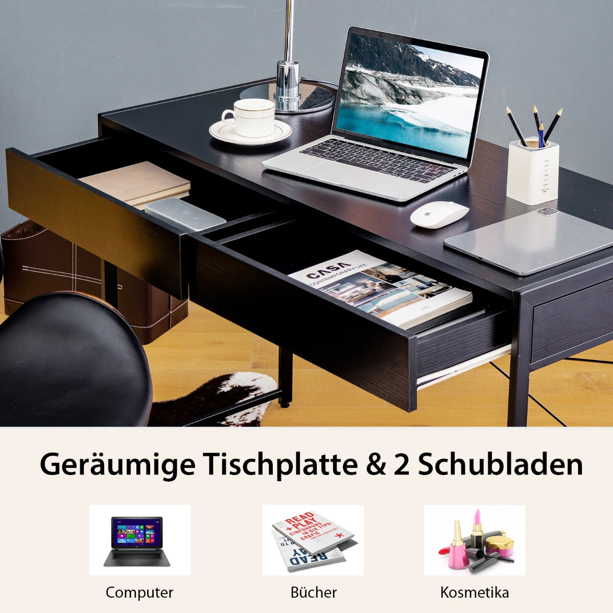 Costway - Schreibtisch Computertisch Bürotisch PC Tisch Arbeitstisch mit 2 Schubladen Schwarz