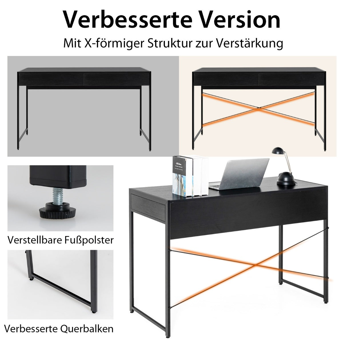 Costway - Schreibtisch Computertisch Bürotisch PC Tisch Arbeitstisch mit 2 Schubladen Schwarz