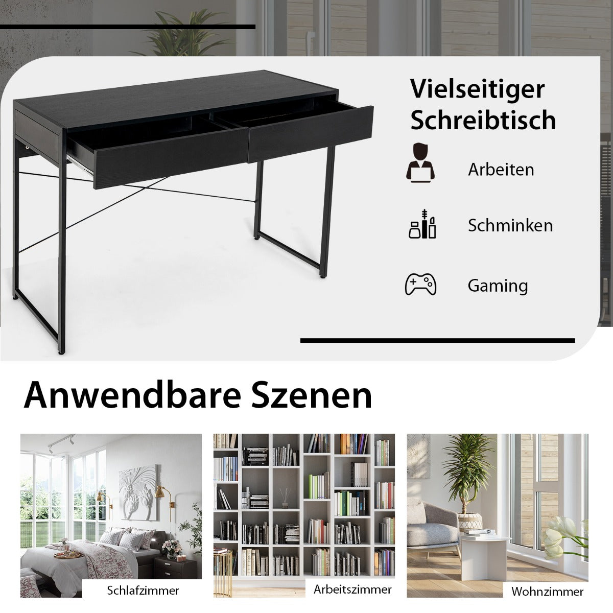 Costway - Schreibtisch Computertisch Bürotisch PC Tisch Arbeitstisch mit 2 Schubladen Schwarz