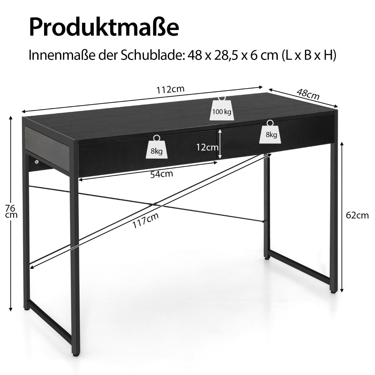 Costway - Schreibtisch Computertisch Bürotisch PC Tisch Arbeitstisch mit 2 Schubladen Schwarz