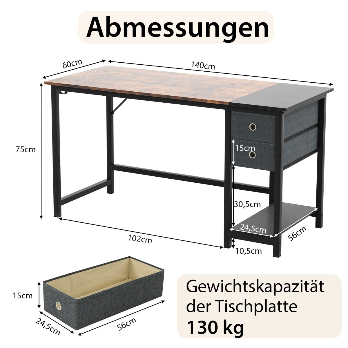 Costway - 140 cm Langer Schreibtisch mit 2 Schubladen & Kopfhörerhaken & Ablagefach Computertisch
