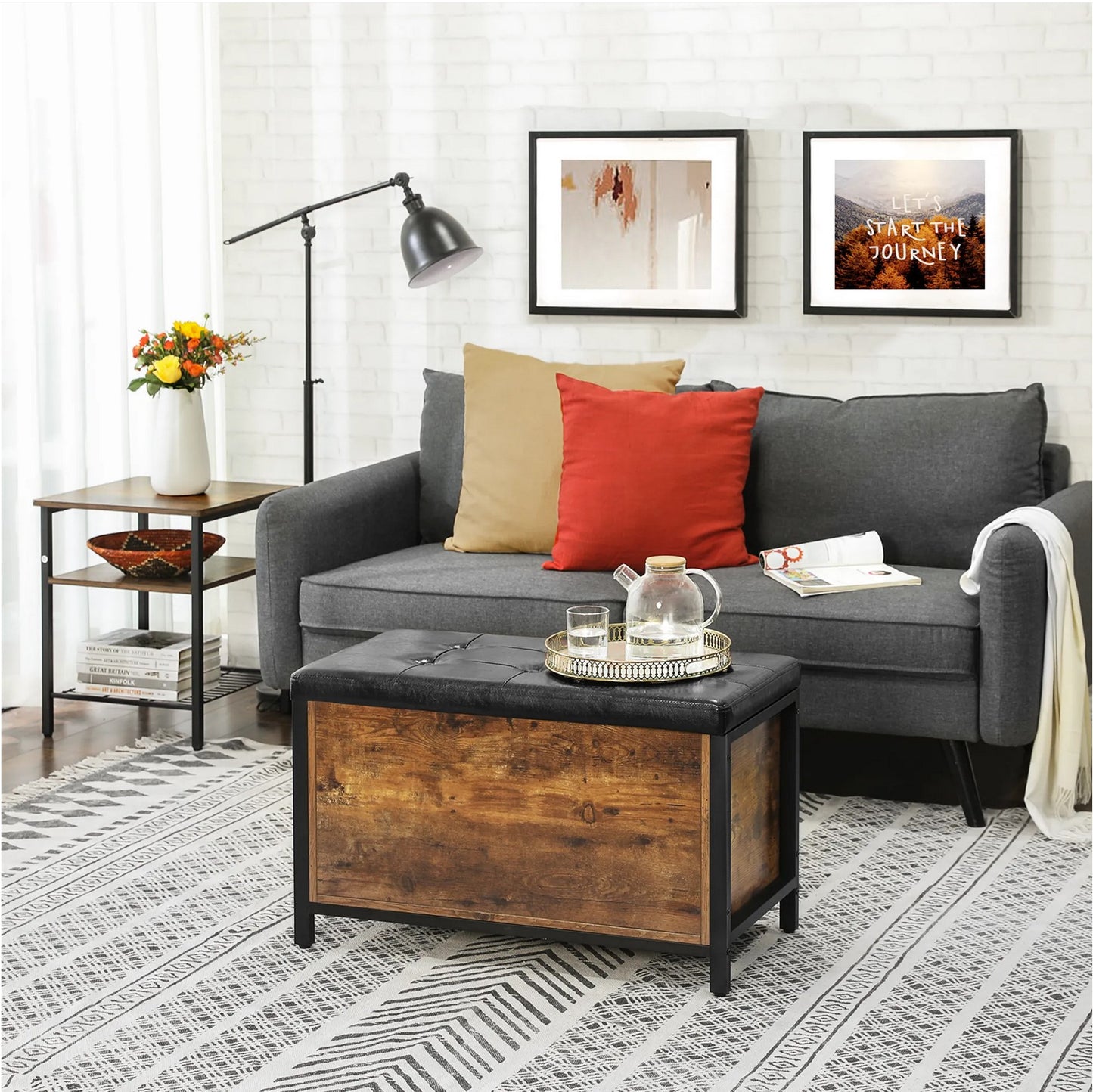 Sitzbank mit Stauraum, gepolsterte Truhe, Betttruhe, Flur, Schlafzimmer, Wohnzimmer, Metall, Industrie-Design, Vasagle, 3